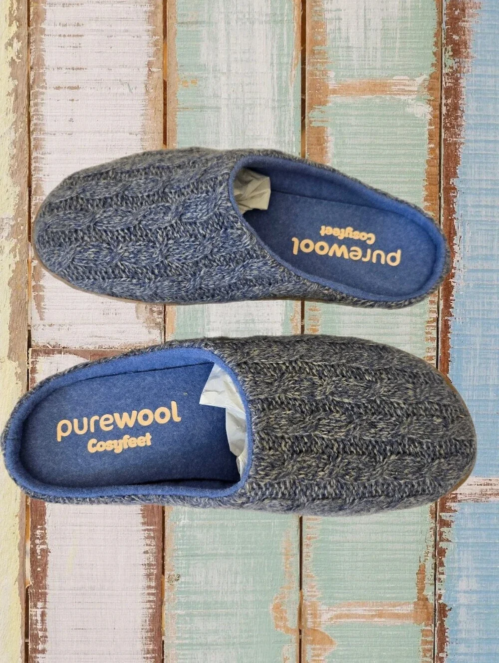 Cosyfeet Purewool Men's Sz 9 Slip On Benny Mules Blue Cable Knit Warm & Comfy